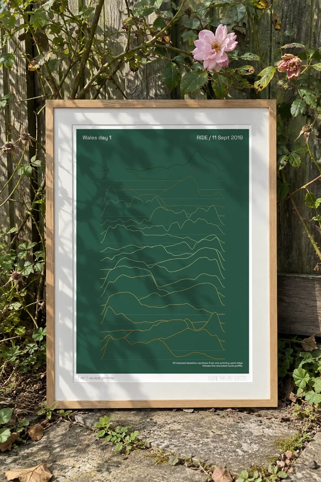 Green route artwork framed outdoors