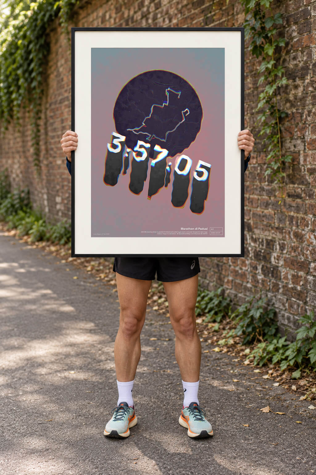 Runner holding a framed route artwork outdoors