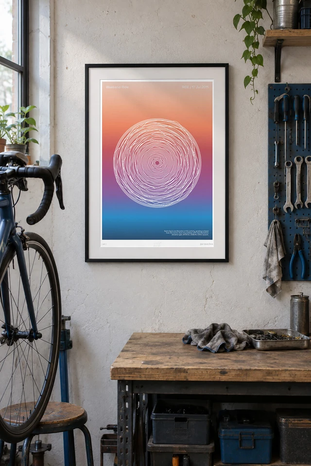 Framed circular cycling artwork in a workshop