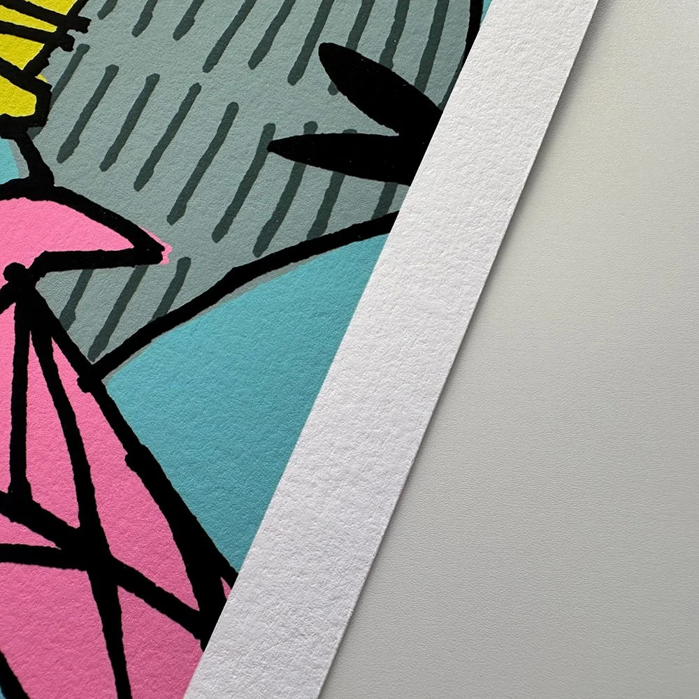 Close-up of textured archival paper and richly coloured Giclée print detail at Bicep Press