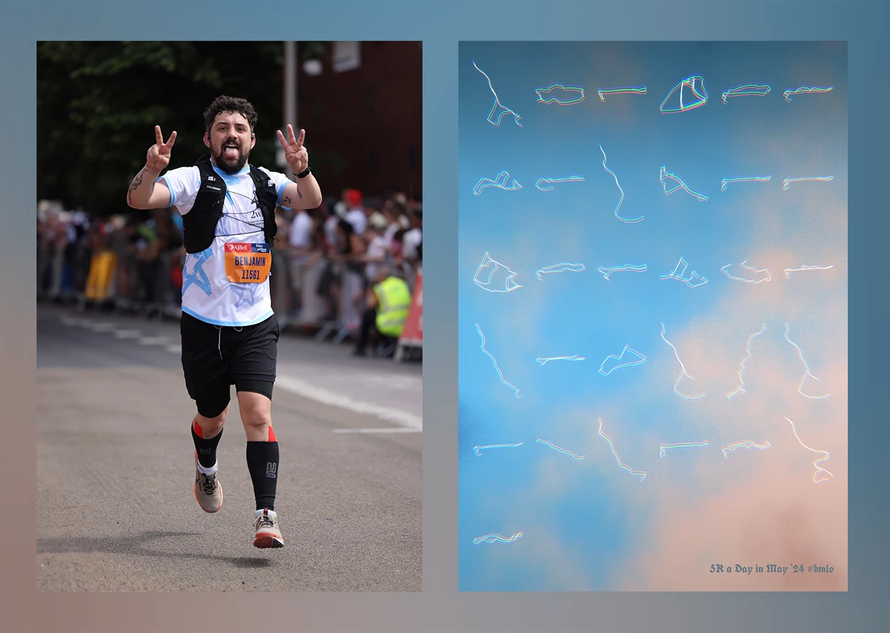 Benjamin running alongside artwork showing his 5k a Day in May routes