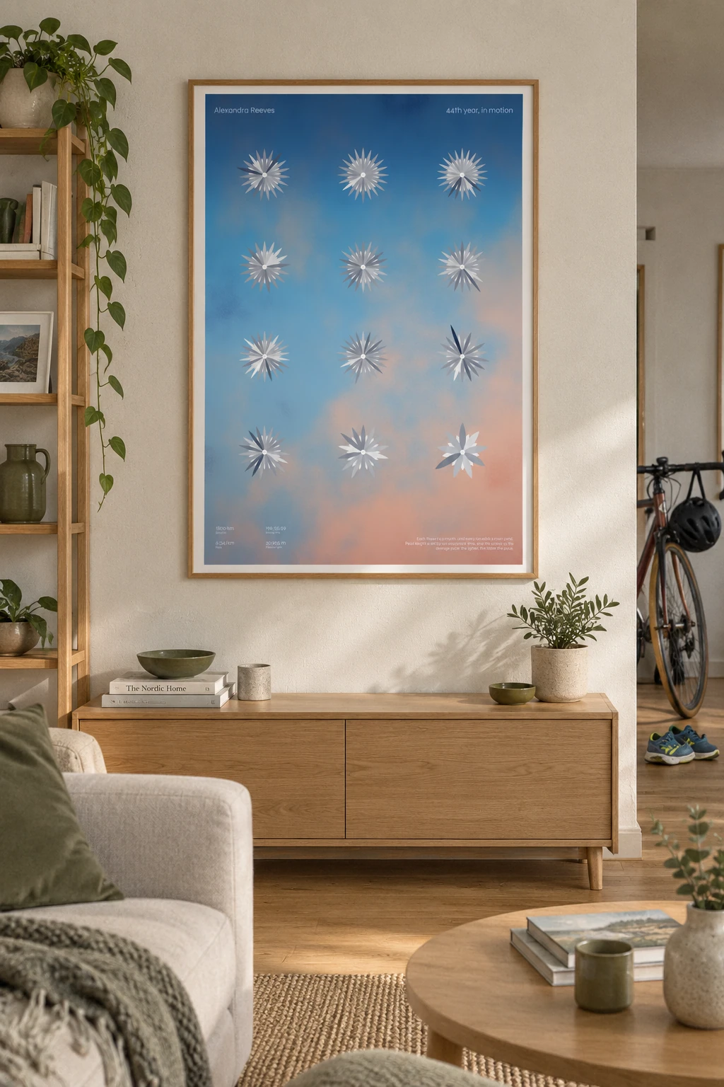 Monthly Petals running artwork in an oak frame in a modern sporty family home